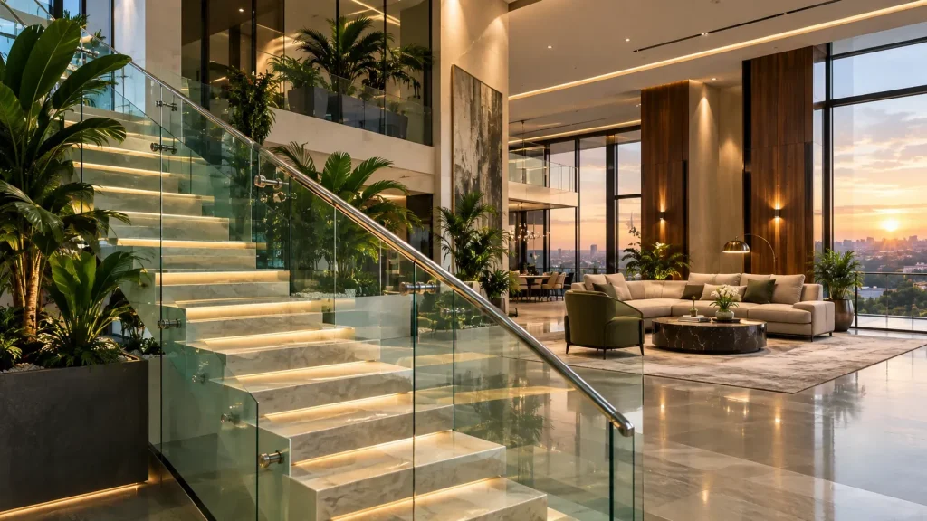 Glass staircase and luxury interior